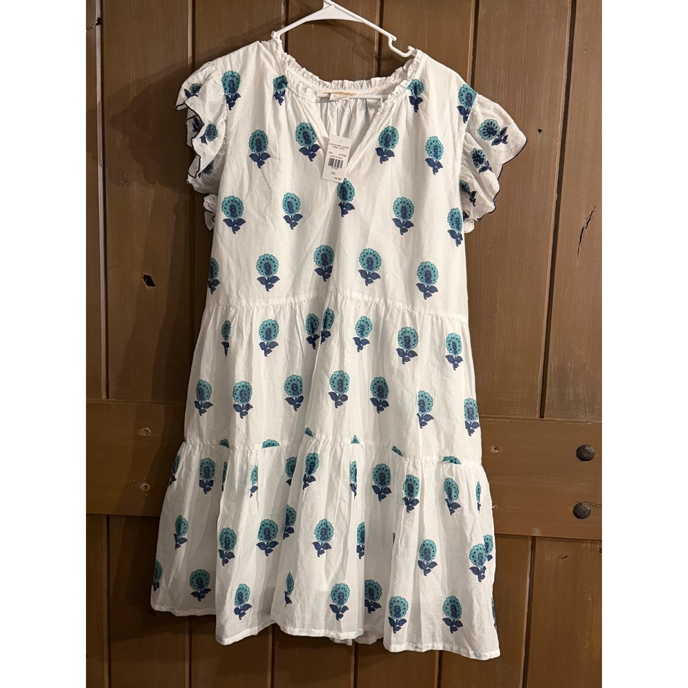 Sweet Magnolia Block Print Layered Dress White Teal Floral Cotton XXL New